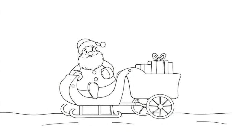 Dessin au trait du Père Noël dans son traîneau prêt à livrer des cadeaux. Ce color panel montre un Père Noël souriant avec une barbe, un traîneau rempli de cadeaux et tiré par des patins.