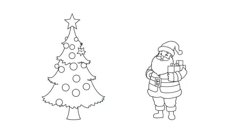 Dessin au trait du Père Noël tenant un cadeau à côté d'un sapin de Noël décoré, sur un panneau de couleur.