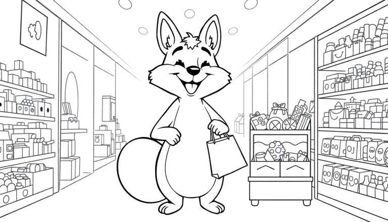 Dessin en noir et blanc d'un renard souriant avec un sac de courses, devant des étagères de magasin.