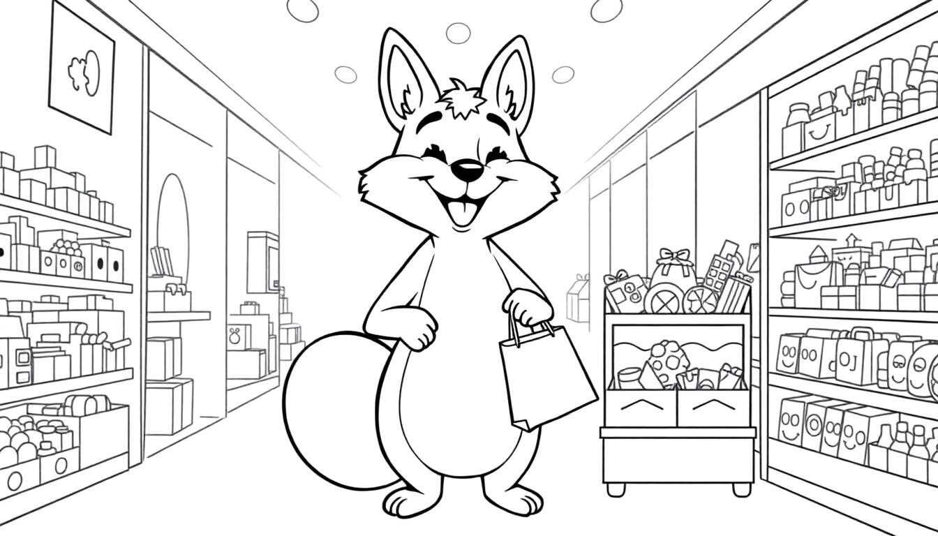 Dessin en noir et blanc d'un renard souriant avec un sac de courses, devant des étagères de magasin.