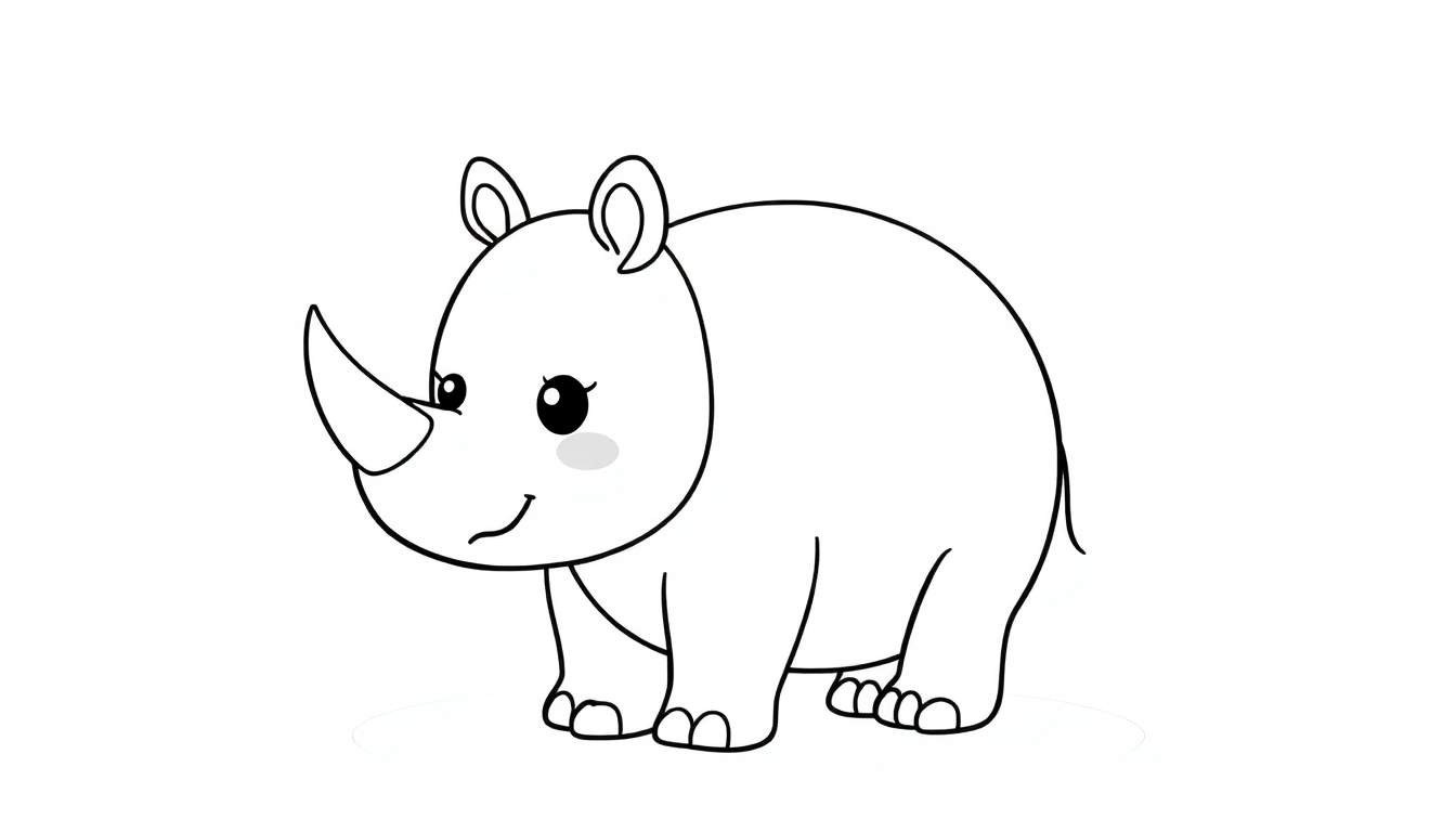 Un dessin au trait de style dessin animé d'un rhinocéros blanc avec une corne, de grands yeux ronds et un sourire, prêt à être colorié.