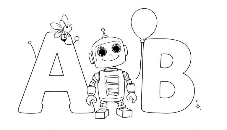 Un robot mignon entre les lettres A et B, avec une abeille sur A et un ballon sur B, dans un color panel.