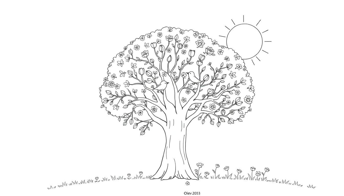 Arbre printanier coloré avec des oiseaux et des fleurs, idéal pour un color panel.