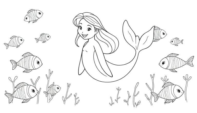 Dessin d'une sirène souriante nageant avec des poissons, color panel.