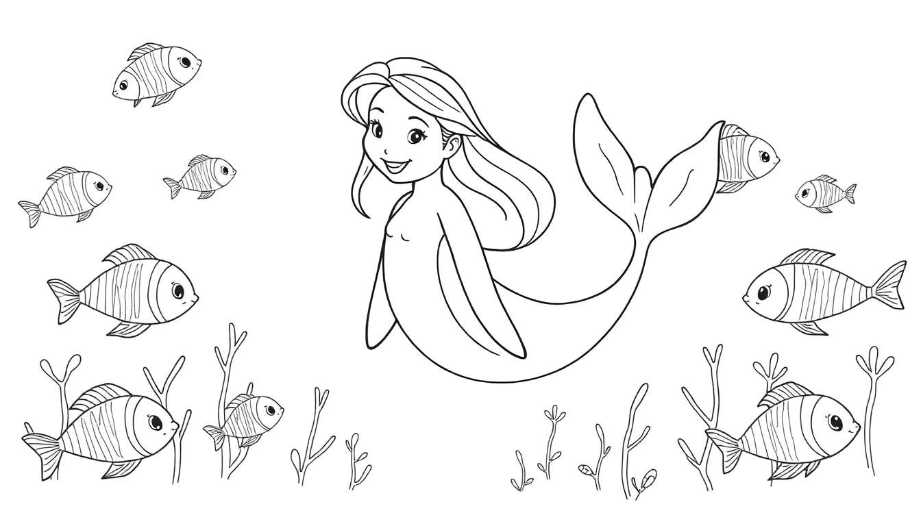 Dessin d'une sirène souriante nageant avec des poissons, color panel.