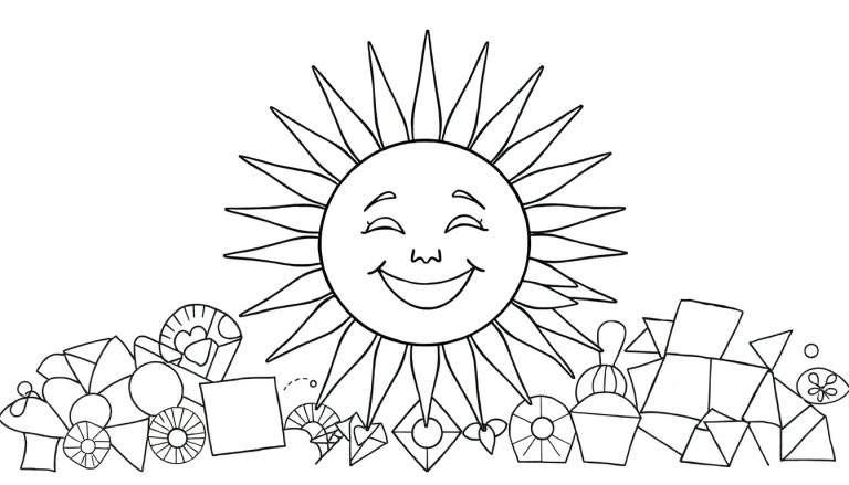 Un soleil joyeux dessinant sur un color panel avec des formes géométriques.