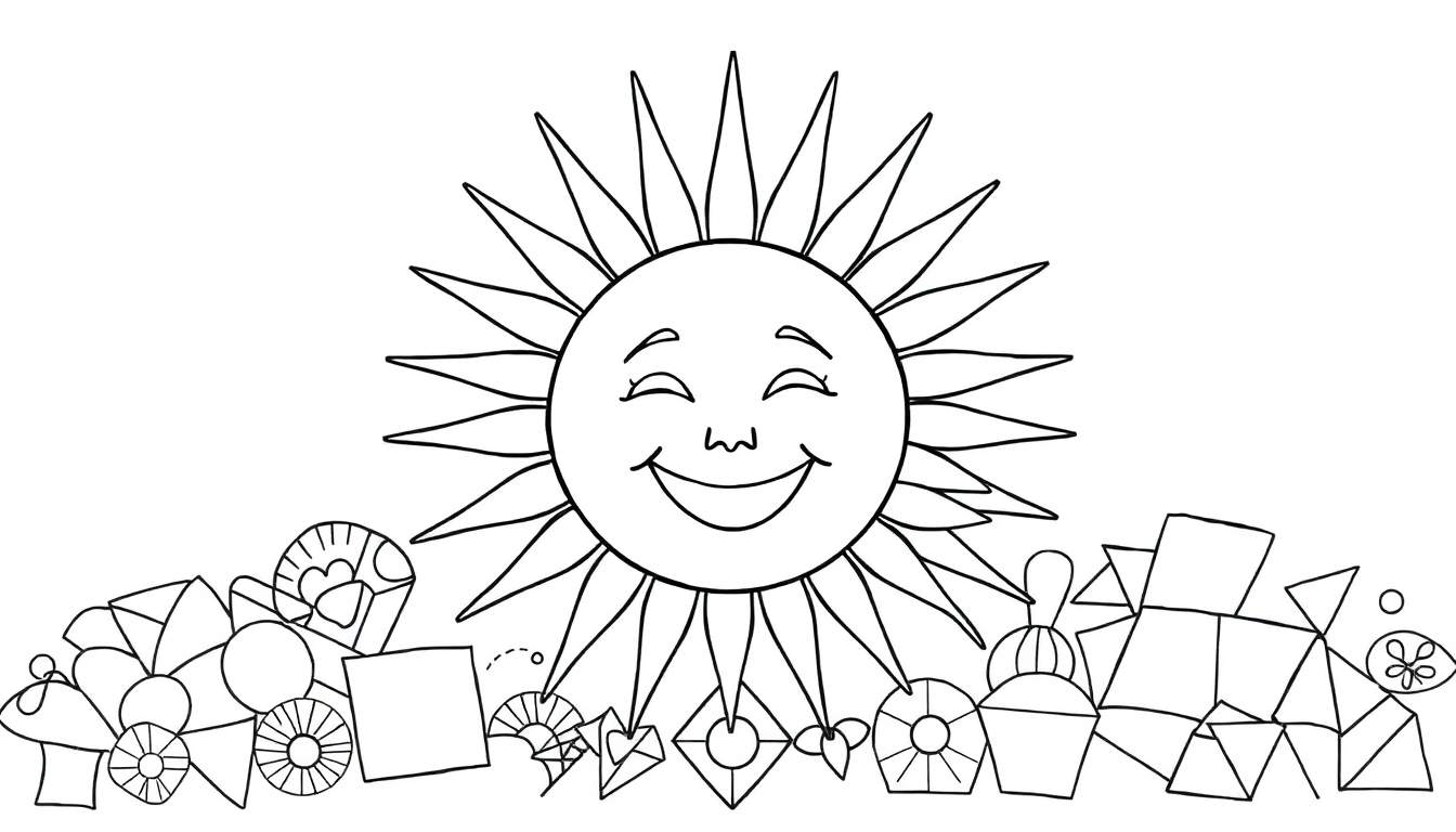 Un soleil joyeux dessinant sur un color panel avec des formes géométriques.
