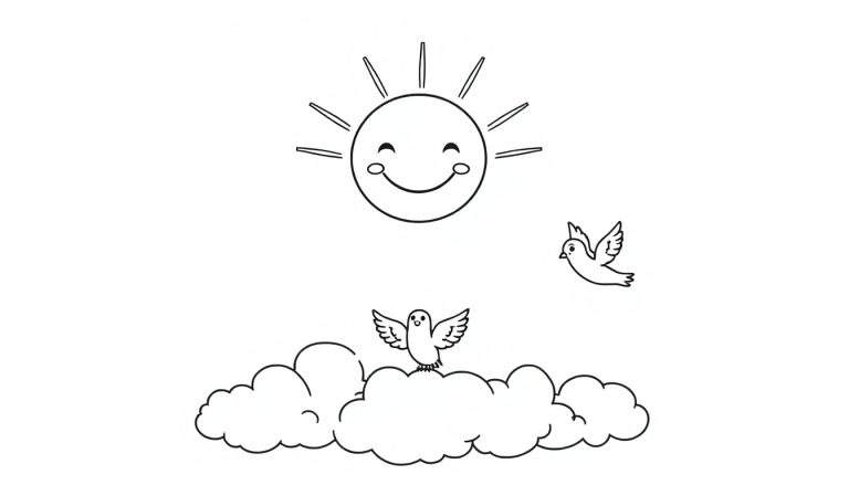 Un dessin au trait noir et blanc d'un grand soleil souriant entouré de nuages moelleux et d'oiseaux, parfait pour un color panel.