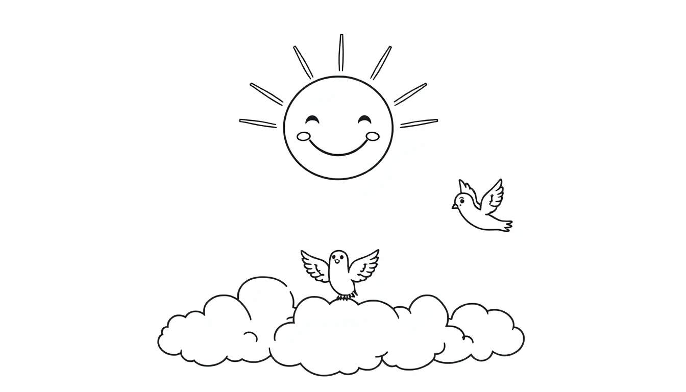 Un dessin au trait noir et blanc d'un grand soleil souriant entouré de nuages moelleux et d'oiseaux, parfait pour un color panel.