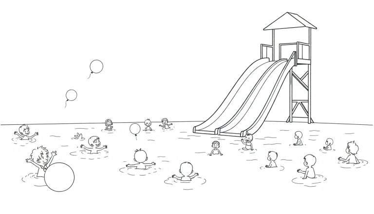 Un toboggan coloré dans une piscine avec des enfants jouant dans l'eau, un color panel de joie aquatique.