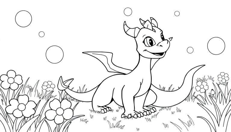 Dessin de Spyro le dragon jouant avec des bulles dans un pré fleuri, prêt pour le color panel.