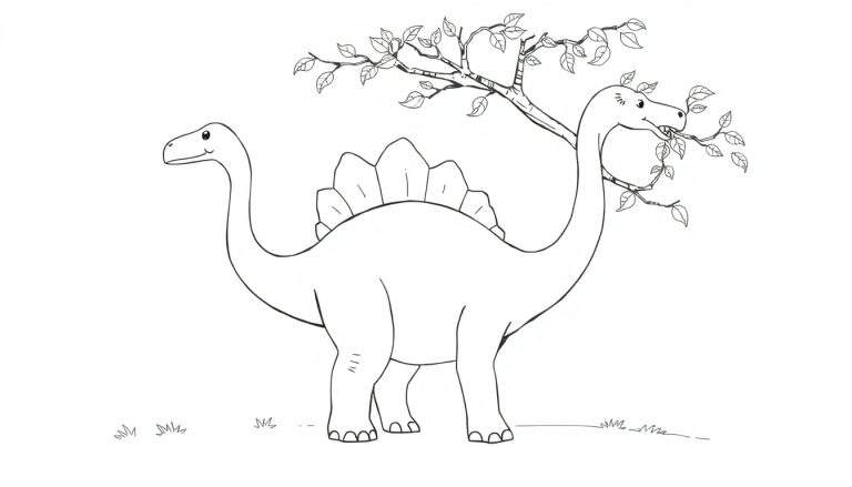 Un dessin au trait d'un Stegosaurus mangeant des feuilles d'un arbre, avec de l'herbe au premier plan. Panneau à colorier.