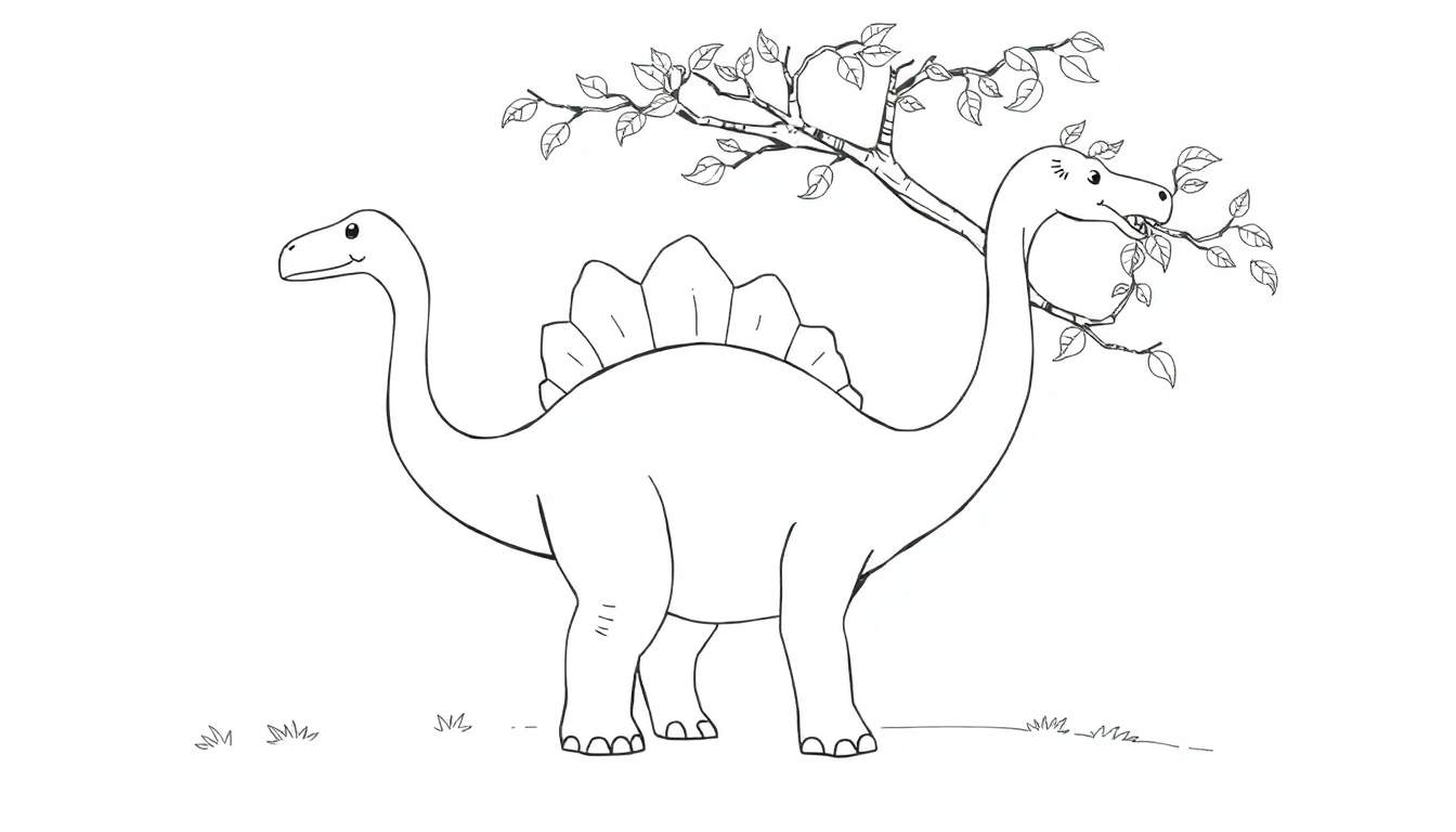 Un dessin au trait d'un Stegosaurus mangeant des feuilles d'un arbre, avec de l'herbe au premier plan. Panneau à colorier.