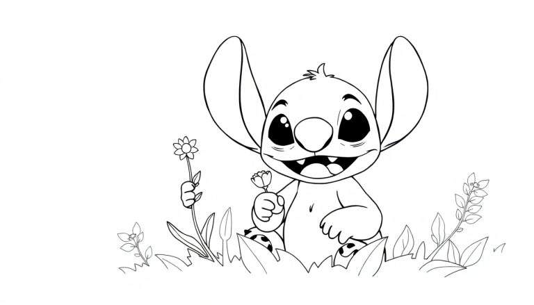 Une illustration en noir et blanc de Stitch, personnage de Disney, assis dans l'herbe tenant des fleurs.