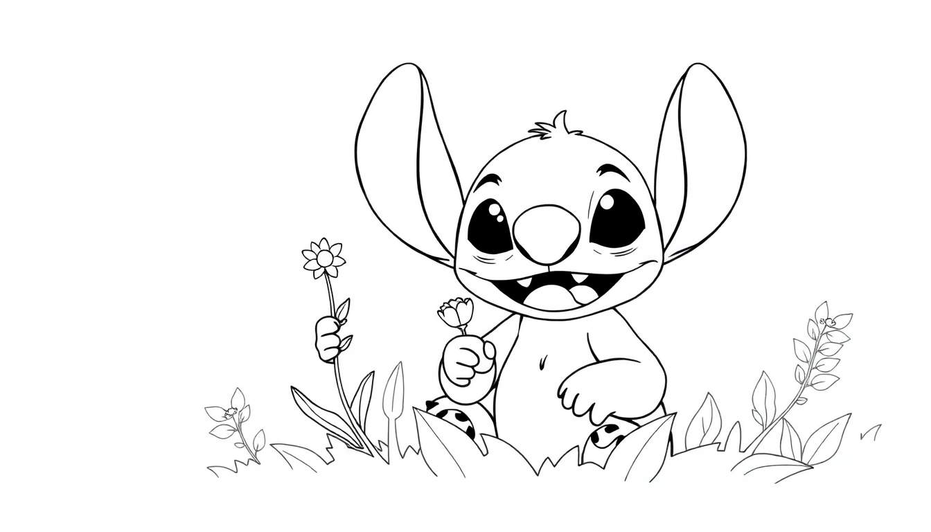 Une illustration en noir et blanc de Stitch, personnage de Disney, assis dans l'herbe tenant des fleurs.
