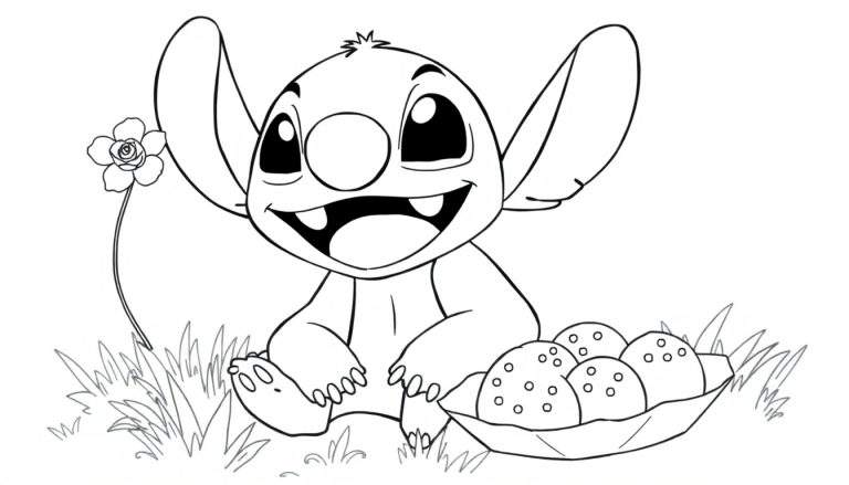 Stitch assis dans l'herbe, tenant une fleur, avec un plat de nourriture à côté, prêt pour un color panel.