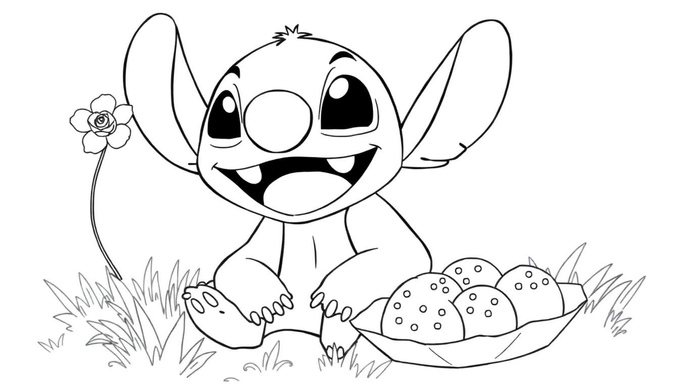Stitch assis dans l'herbe, tenant une fleur, avec un plat de nourriture à côté, prêt pour un color panel.