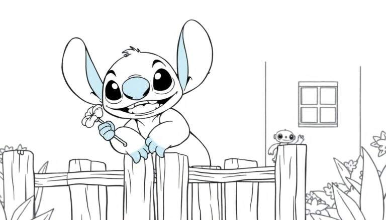 Stitch tenant une fleur derrière une clôture en bois avec un petit robot à l'arrière-plan