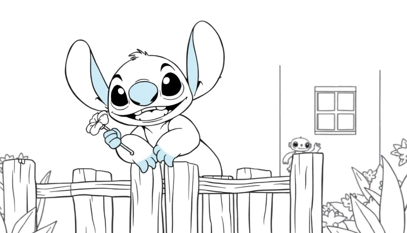 Stitch tenant une fleur derrière une clôture en bois avec un petit robot à l'arrière-plan