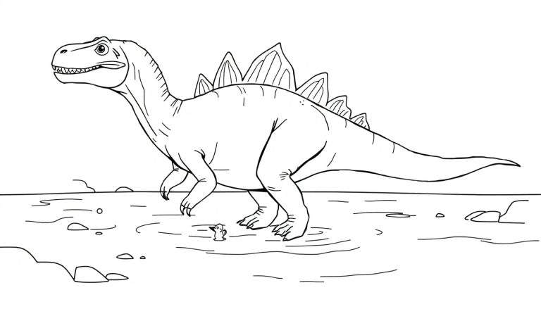 Dessin au trait d'un dinosaure stégosaure avec une petite créature à côté, prêt pour le color panel.