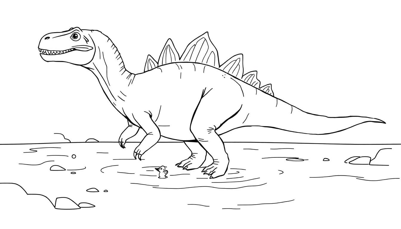 Dessin au trait d'un dinosaure stégosaure avec une petite créature à côté, prêt pour le color panel.