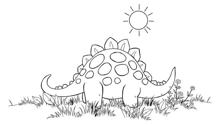 Un dessin au trait d'un stégosaure dans un pré, prêt à être colorié.