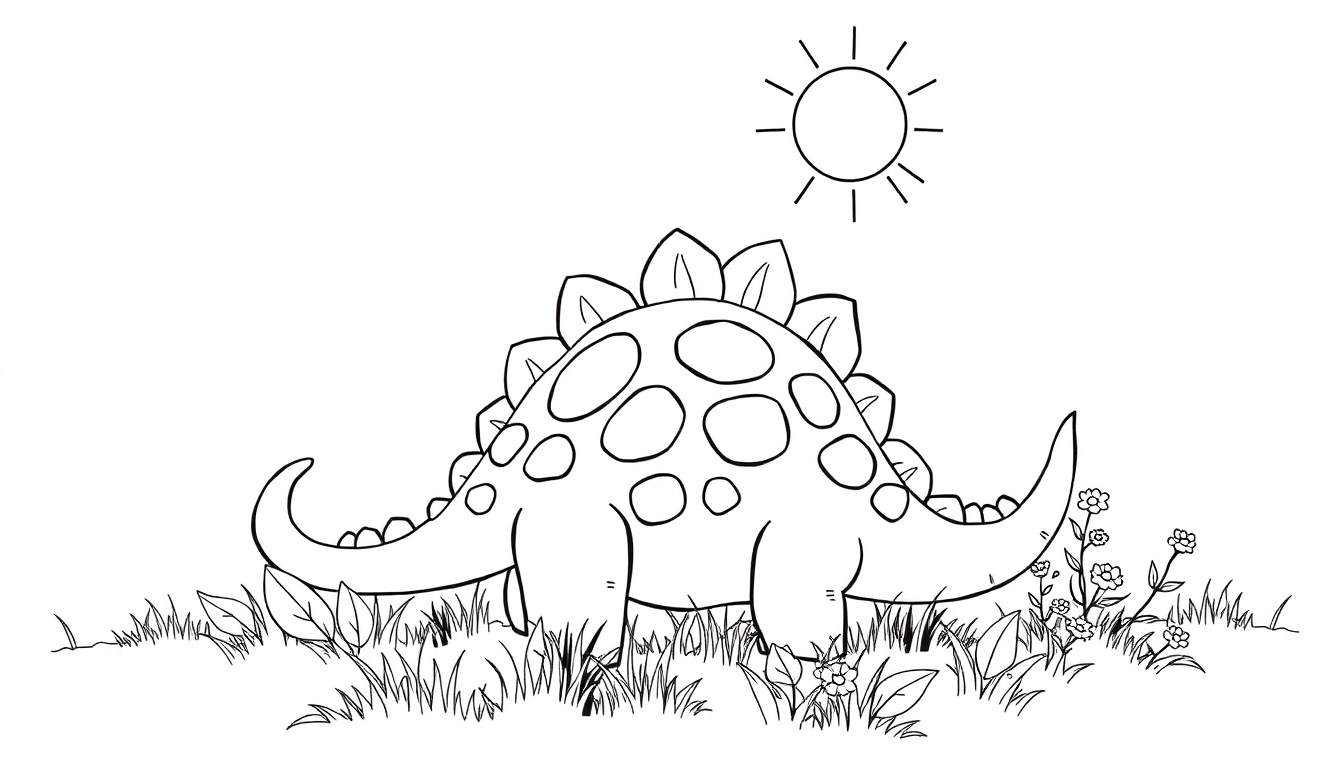 Un dessin au trait d'un stégosaure dans un pré, prêt à être colorié.