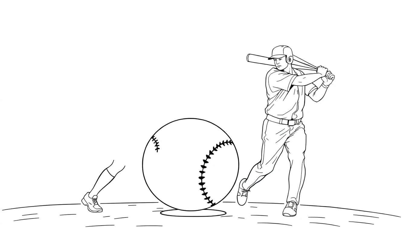 Joueur de baseball frappant une balle surdimensionnée dans un dessin au trait simple, style livre de coloriage.