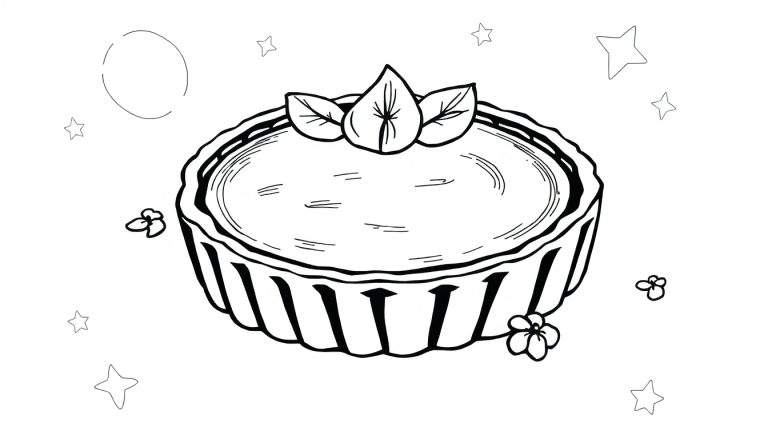 Dessin en noir et blanc d'une tarte avec des feuilles et des étoiles, montrant un color panel stylisé.