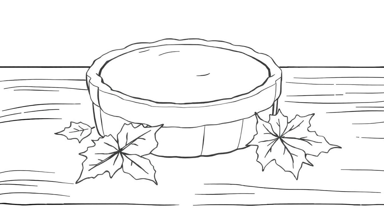 Dessin au trait noir et blanc d'une tarte à la citrouille sur une table en bois, avec des feuilles d'érable. Parfait pour le color panel.