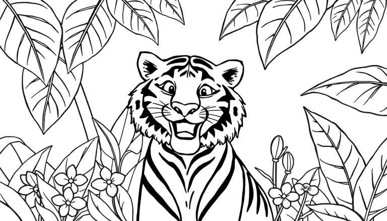 Un dessin au trait d'un tigre joyeux entouré de feuillage luxuriant, prêt à être coloré, un color panel.
