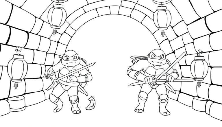 Dessin en noir et blanc de deux Tortues Ninja se tenant de chaque côté d'une arche en pierre, épées brandies, avec des lanternes au plafond.