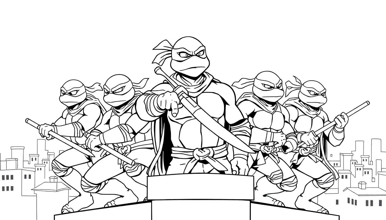 Tortues Ninja adolescentes mutantes sur un immeuble de la ville, prêtes à l'action, avec des katanas et des bâtons.