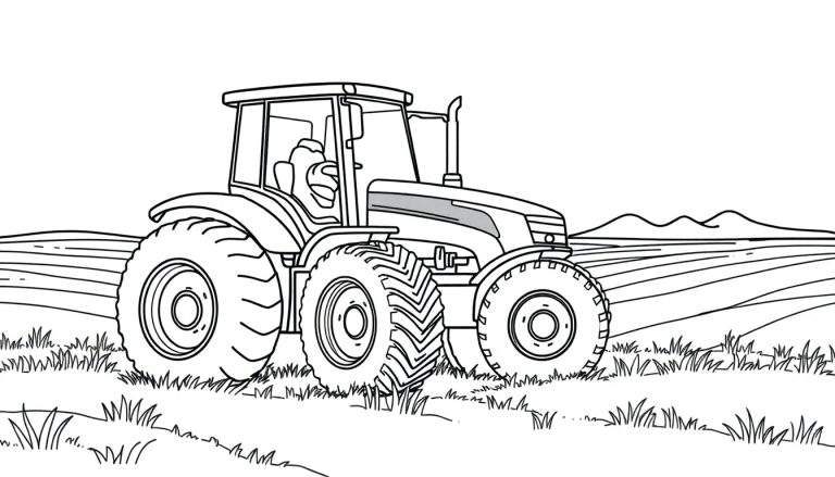 Dessin au trait d'un tracteur rouge dans un champ prêt à être colorié.