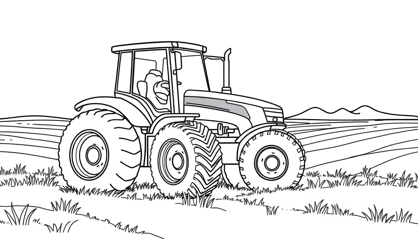Dessin au trait d'un tracteur rouge dans un champ prêt à être colorié.