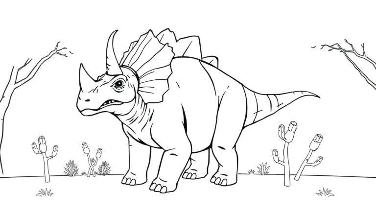 Un dessin au trait d'un tricératops dans un paysage désertique, prêt à être coloré dans ce color panel.