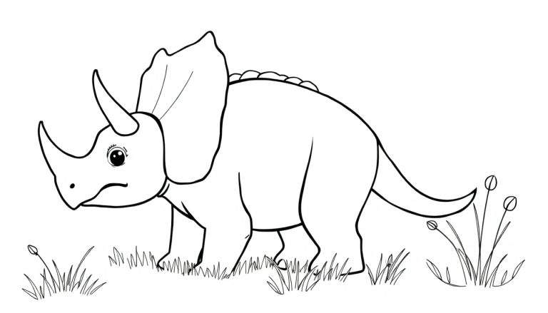 Dessin au trait d'un Tricératops dans un pré, prêt à être coloré, montrant sa collerette et ses cornes.