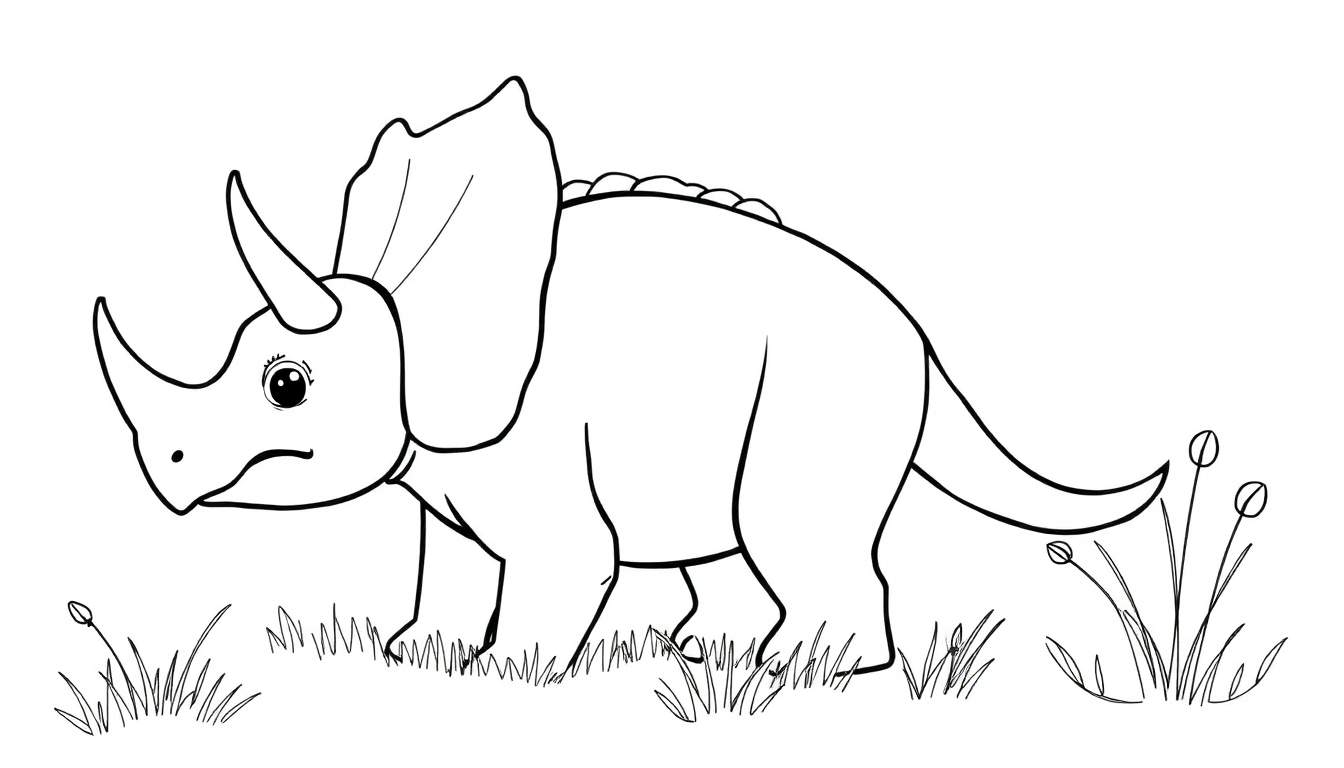 Dessin au trait d'un Tricératops dans un pré, prêt à être coloré, montrant sa collerette et ses cornes.