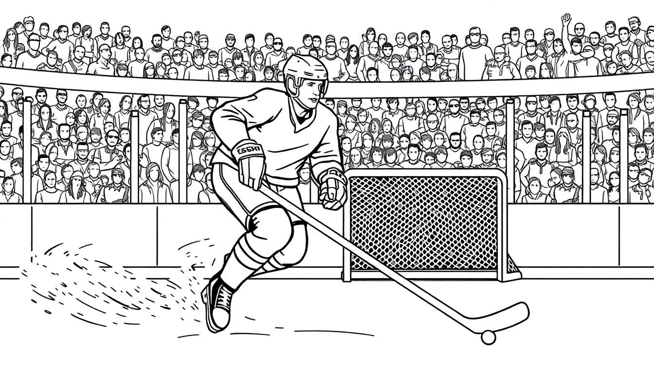 Illustration en noir et blanc d'un joueur de hockey sur glace en pleine action, avec un palet tiré vers le but et un public en arrière-plan. Ce color panel est parfait pour des activités créatives.