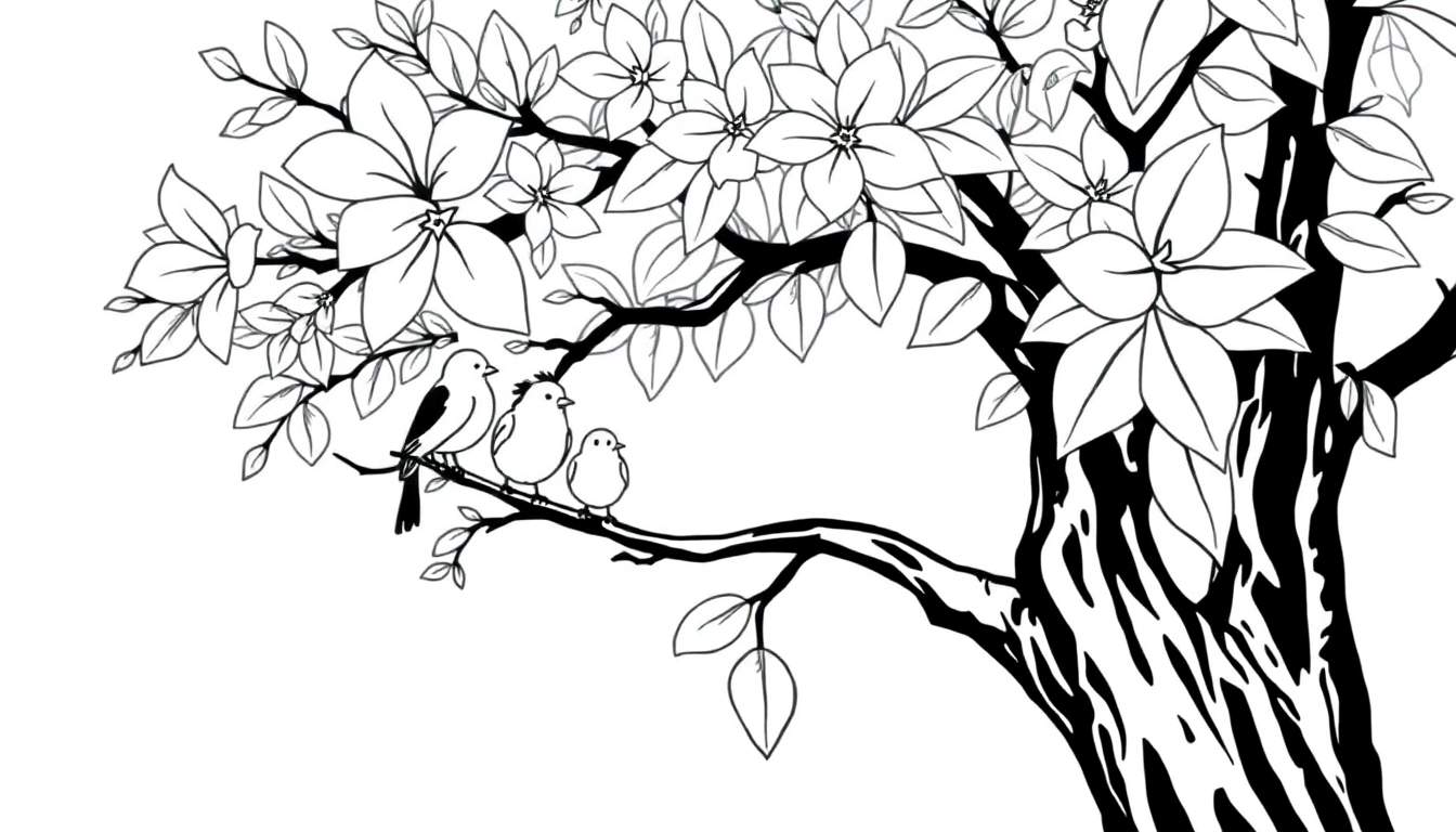 Arbre en noir et blanc avec des fleurs, des feuilles et trois oiseaux perchés, parfait pour le color panel.