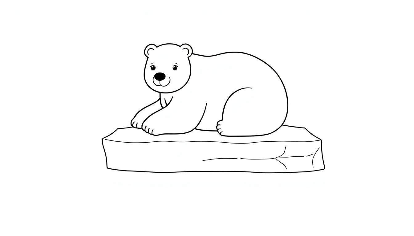 Illustration en noir et blanc d'un ours polaire dodu se reposant sur un iceberg, style livre de coloriage.