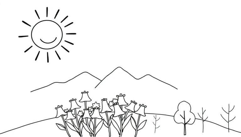 Dessin d'un paysage coloré avec un soleil souriant, des montagnes, des arbres et des fleurs en forme de cloche.