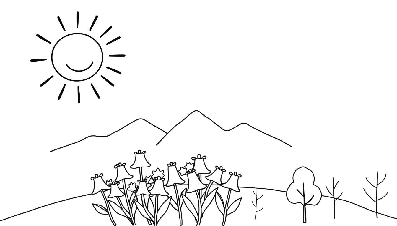 Dessin d'un paysage coloré avec un soleil souriant, des montagnes, des arbres et des fleurs en forme de cloche.