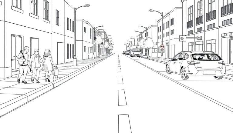 Une scène de rue en noir et blanc avec des piétons, des voitures garées et un bus, avec des immeubles et des réverbères.