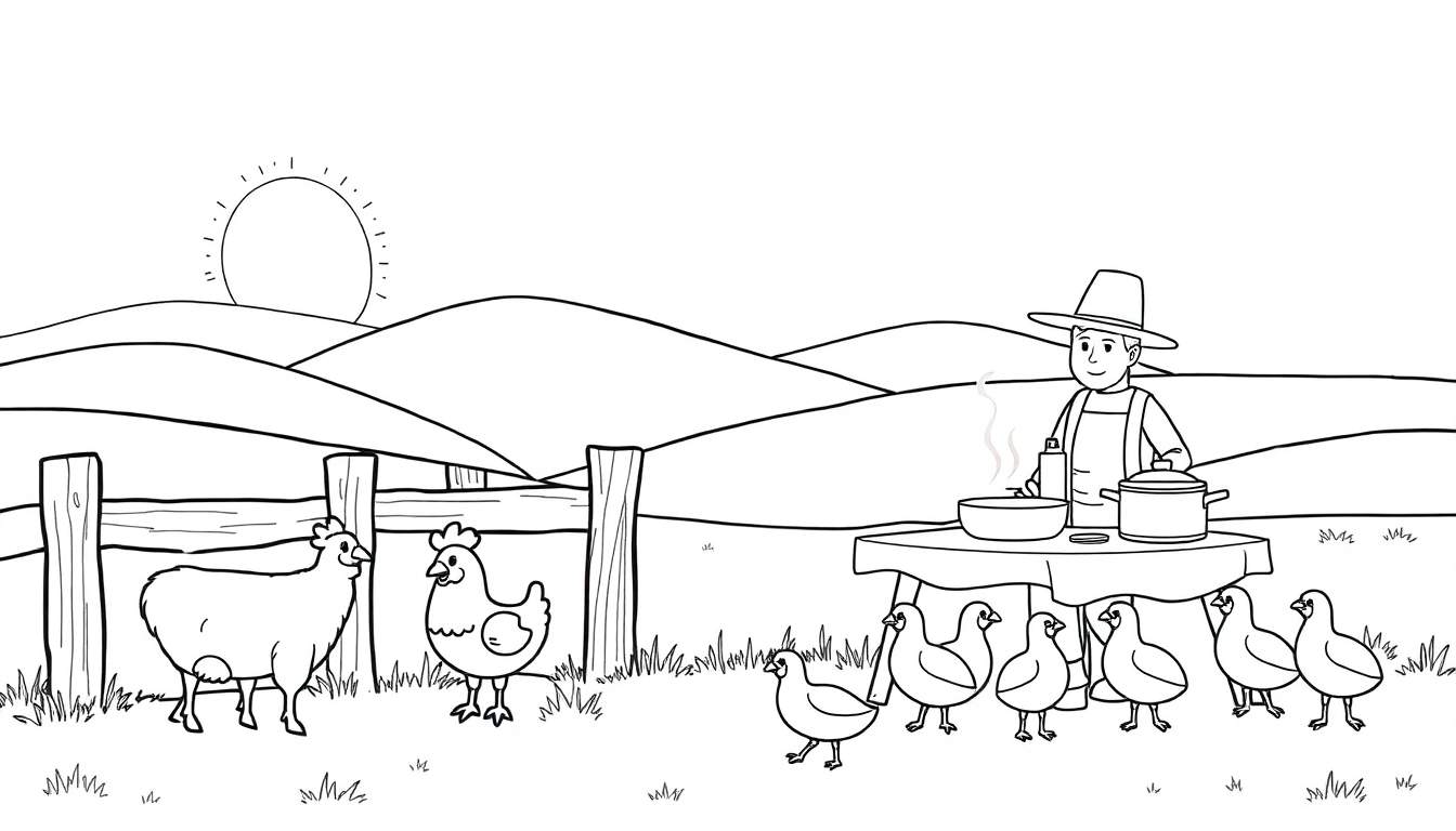 Un fermier prépare le petit-déjeuner à la ferme avec des poulets et un mouton.