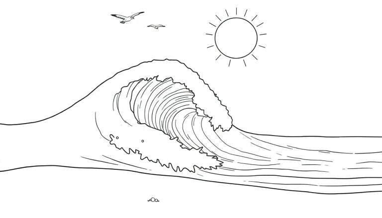 Dessin d'une vague au trait avec un soleil et des mouettes, prêt pour le color panel.