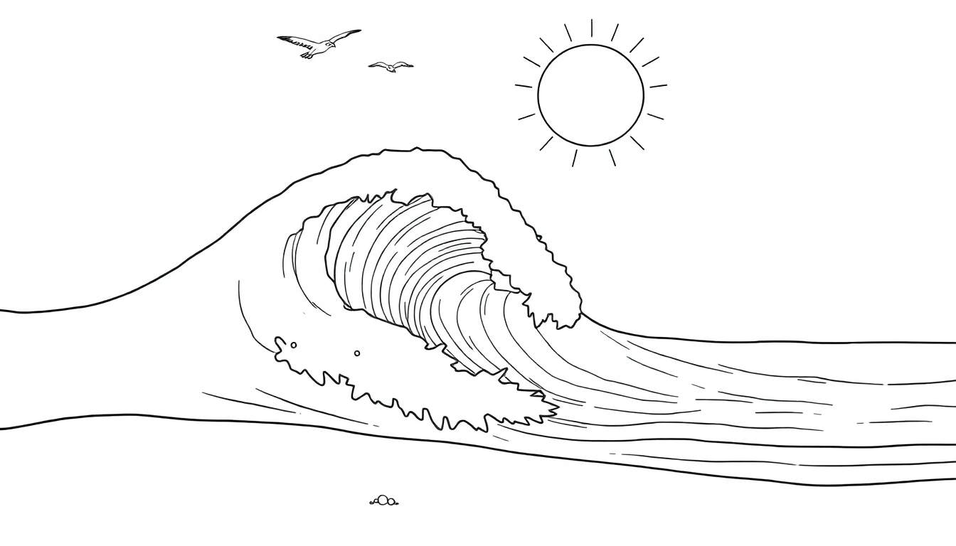 Dessin d'une vague au trait avec un soleil et des mouettes, prêt pour le color panel.