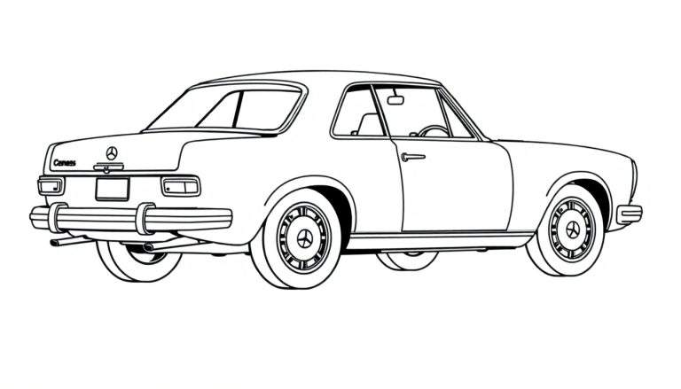 Dessin au trait d'une voiture classique Mercedes-Benz à colorier.