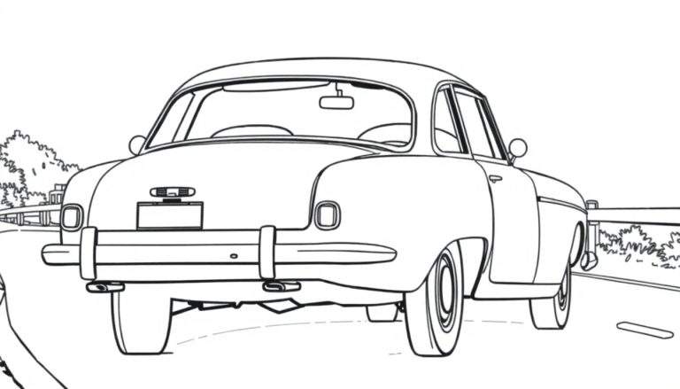 Dessin au trait noir et blanc d'une voiture classique vue de l'arrière, sur une route avec des arbres en arrière-plan. La voiture a une forme arrondie, un pare-chocs proéminent et des feux arrière. Un color panel est visible pour la personnalisation.