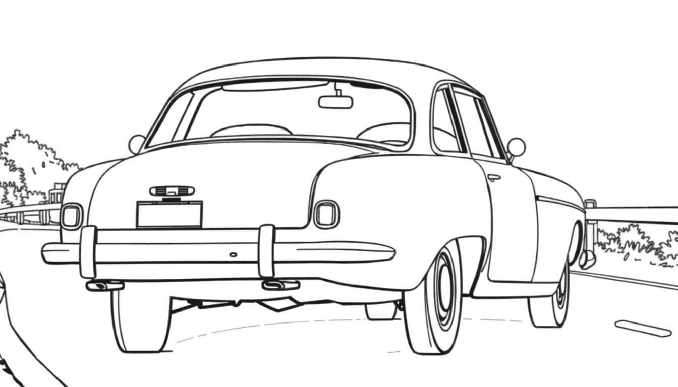 Dessin au trait noir et blanc d'une voiture classique vue de l'arrière, sur une route avec des arbres en arrière-plan. La voiture a une forme arrondie, un pare-chocs proéminent et des feux arrière. Un color panel est visible pour la personnalisation.